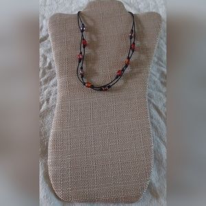 Handmade Black Leather & Red Beaded Necklace